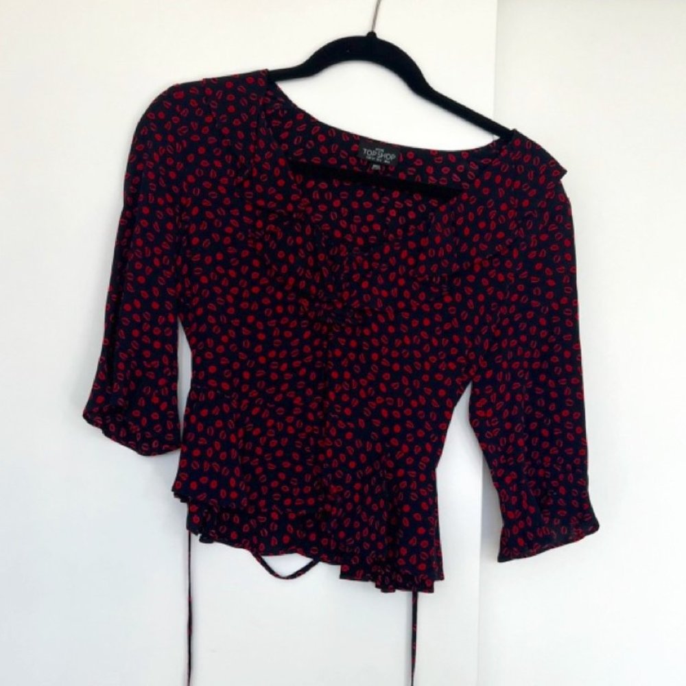 Topshop Red and Navy Lip Print Blouse, size XS